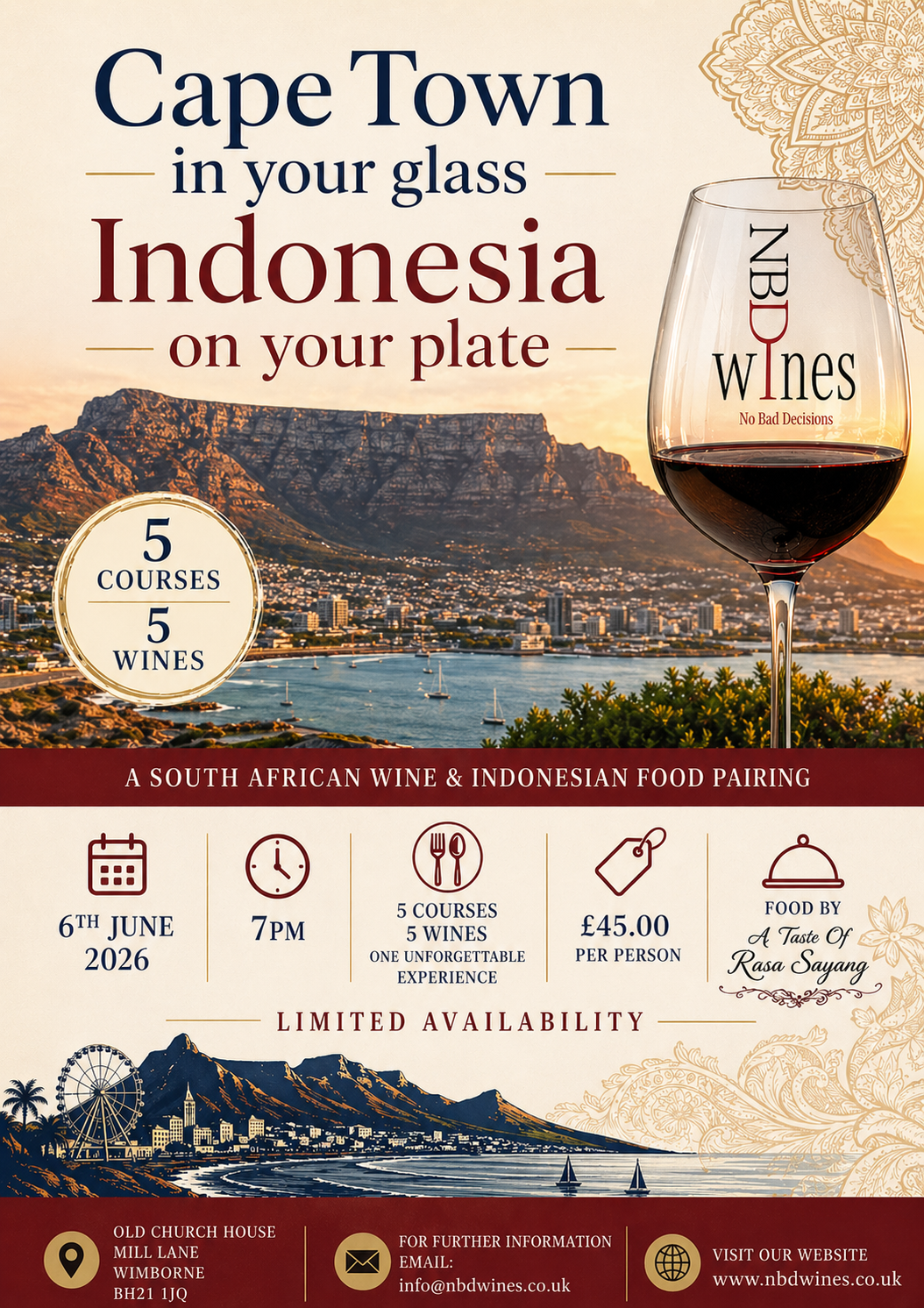 Indonesian Food & South African Wine Pairing Dinner at Sat, Jun 06, 2026 07:00 PM BST